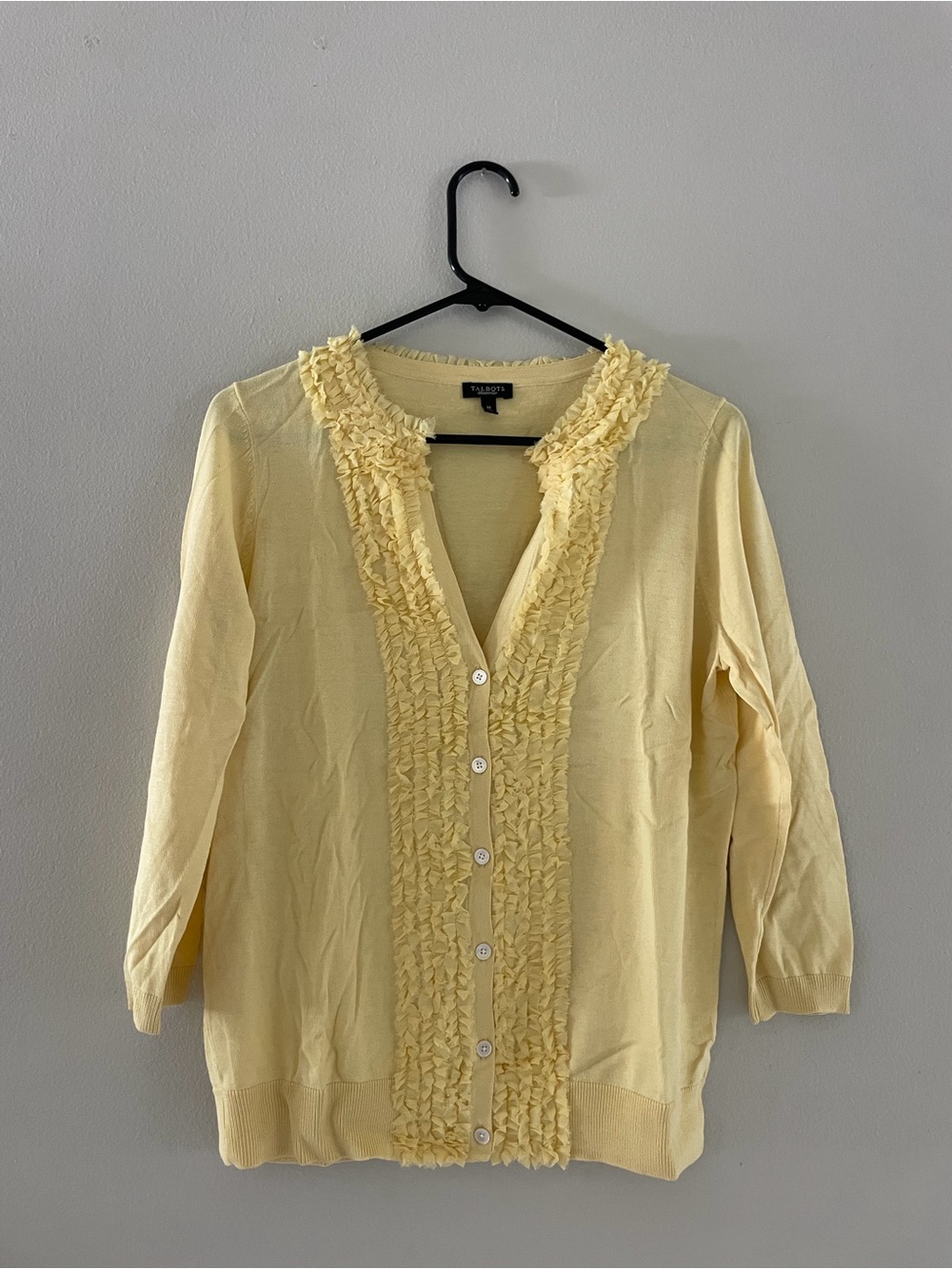 Talbots Pale Yellow Ruffle-Trim Button Front Cardigan